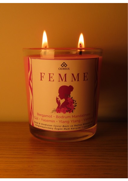 Femme Kokulu Mum – Bergamot, Gül & Yasemin – Feminen ve Çekici Atmosfer – Kalıcı Mum – Soya & Hindistan Cevizi Bazlı ve Rafine Mineral ile Zenginleştirilmiş Özgün Mum Karışımı – 150 Gram - Odrıus fiyatları