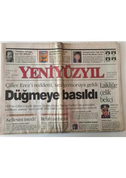 Yeniyüzyıl Gazetesi 16 Mayıs 1997 - Çiller Erezi Reddetti , Sıra Gensoruya Geldi - GZ43929