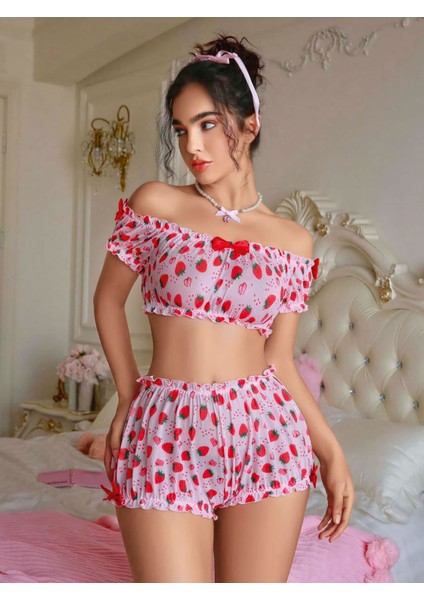 Lvsqvr Kadın Pembe Çilek Desenli Fantezi Şort Takım 2156 fiyatları
