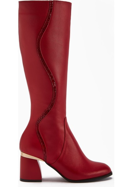 Kaylin Hakiki Deri Kırmızı Yılan Desenli Detaylı Kadın Topuklu Çizme