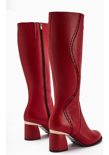 Kaylin Hakiki Deri Kırmızı Yılan Desenli Detaylı Kadın Topuklu Çizme indirimleri