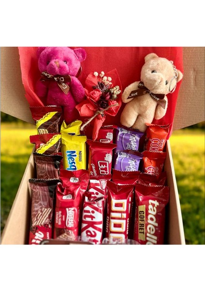 Tatlı Atıştırmalık Hediye Kutusu 22 Parça Atıştırmalık -2 Peluş Ayıcık +Mini Buket