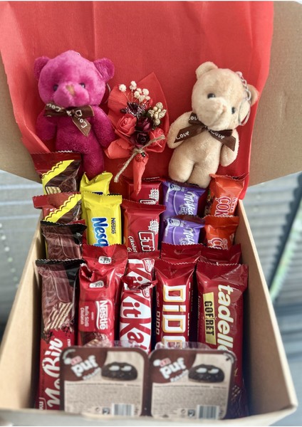 Tatlı Atıştırmalık Hediye Kutusu 22 Parça Atıştırmalık -2 Peluş Ayıcık +Mini Buket modelleri