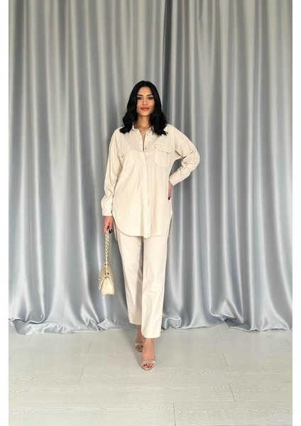 Bej Gömlek ve Çıtçıtlı Pantolon Takım