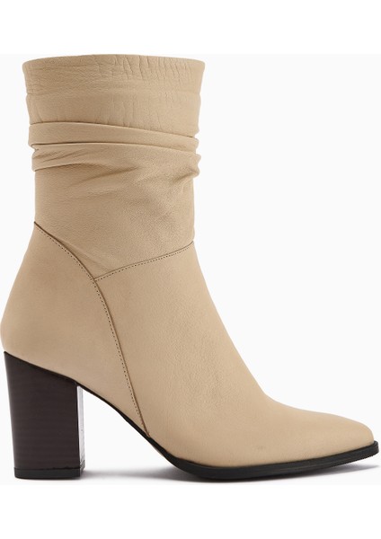 Tamina Hakiki Deri Bej Sivri Burunlu Topuklu Kadın Bot
