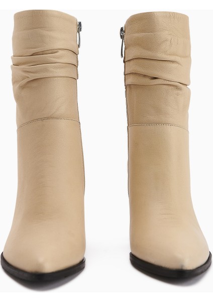 Tamina Hakiki Deri Bej Sivri Burunlu Topuklu Kadın Bot fırsatları