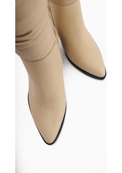 Tamina Hakiki Deri Bej Sivri Burunlu Topuklu Kadın Bot indirimleri