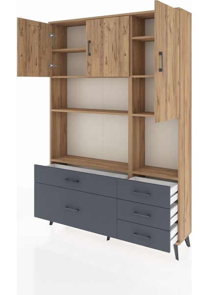 Arges Dolap 8 Raflı 5 Çekmeceli 3 Kapaklı 132X30X195 Çam-Çam/antrasit modelleri
