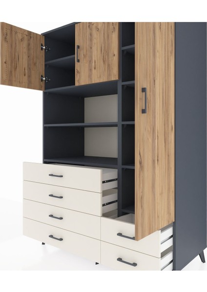 Kronos Dolap 9 Raflı 6 Çekmeceli 3 Kapaklı 132X59X195 Antrasit-Çam/aytaşı fırsatları