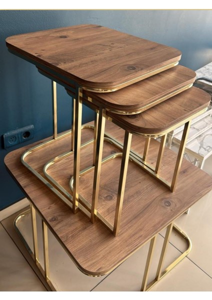 3'lü Kare Zigon Sehpa Seti Gold Ayak Ahşap Üstlük