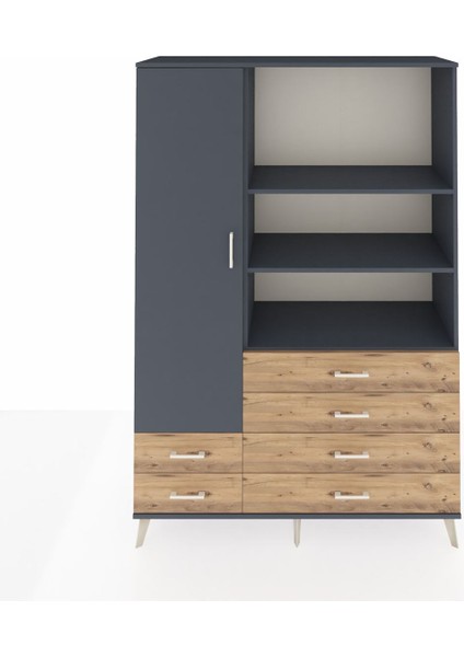 Hyperion Dolap 7 Raflı 6 Çekmeceli Tek Kapaklı 132X44X195 Antrasit-Antrasit/çam