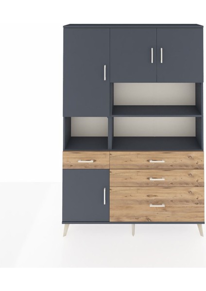 Arges Dolap 9 Raflı 4 Çekmeceli 4 Kapaklı 132X30X195 Antrasit-Antrasit/çam