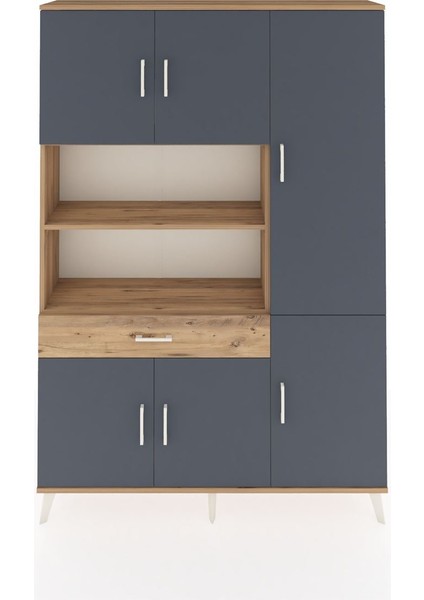 Arges Dolap 10 Raflı Tek Çekmeceli 6 Kapaklı 132X30X195 Çam-Antrasit/çam