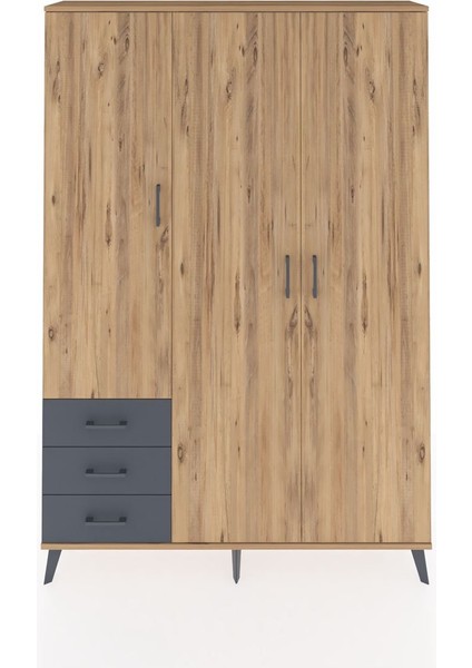 Arges Dolap 6 Raflı 3 Çekmeceli Tek Askılı 132X30X195 Çam-Çam/antrasit