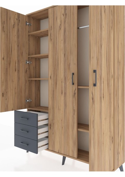 Arges Dolap 6 Raflı 3 Çekmeceli Tek Askılı 132X30X195 Çam-Çam/antrasit fırsatları