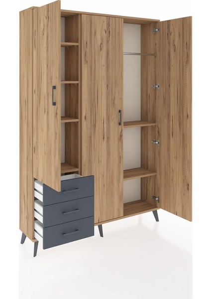 Arges Dolap 6 Raflı 3 Çekmeceli Tek Askılı 132X30X195 Çam-Çam/antrasit indirimleri