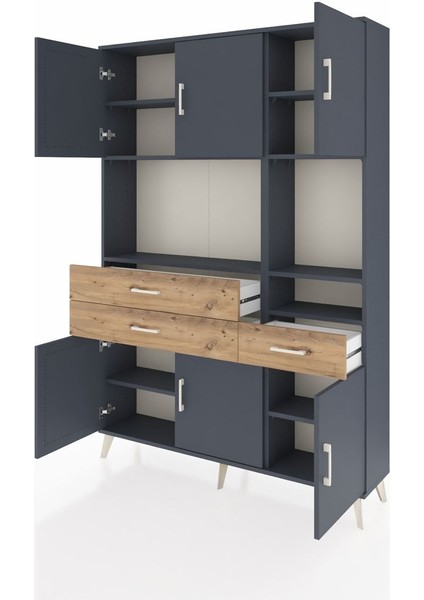 Arges Dolap 9 Raflı 3 Çekmeceli 6 Kapaklı 132X30X195 Antrasit-Antrasit/çam modelleri