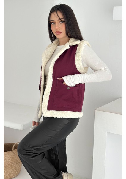 Kadın Peluş Kenarlı Cepli Yelek – Kontrastlı & Kışlık Stil