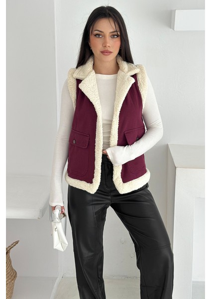 Kadın Peluş Kenarlı Cepli Yelek – Kontrastlı & Kışlık Stil fiyatları