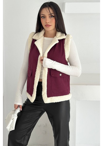 Kadın Peluş Kenarlı Cepli Yelek – Kontrastlı & Kışlık Stil