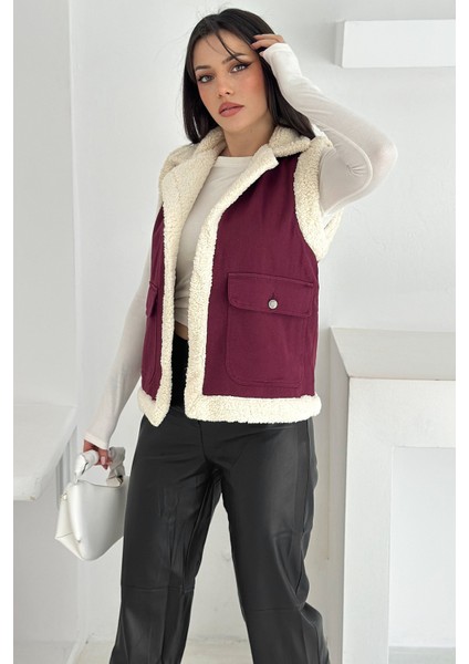 Kadın Peluş Kenarlı Cepli Yelek – Kontrastlı & Kışlık Stil