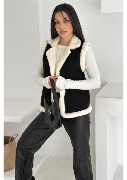 Kadın Peluş Kenarlı Cepli Yelek – Kontrastlı & Kışlık Stil
