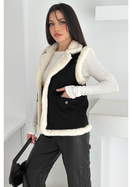 Kadın Peluş Kenarlı Cepli Yelek – Kontrastlı & Kışlık Stil fiyatları