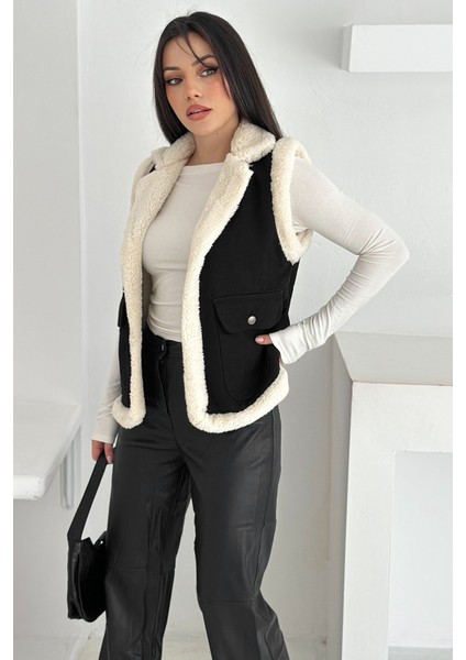 Kadın Peluş Kenarlı Cepli Yelek – Kontrastlı & Kışlık Stil modelleri