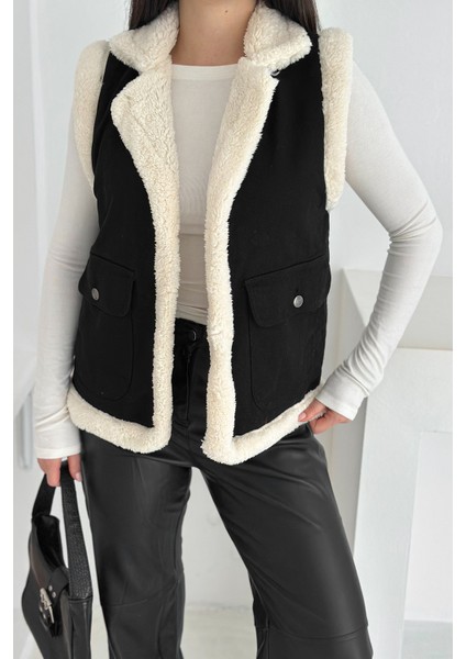 Kadın Peluş Kenarlı Cepli Yelek – Kontrastlı & Kışlık Stil fırsatları