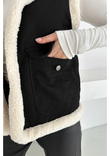 Kadın Peluş Kenarlı Cepli Yelek – Kontrastlı & Kışlık Stil indirimleri