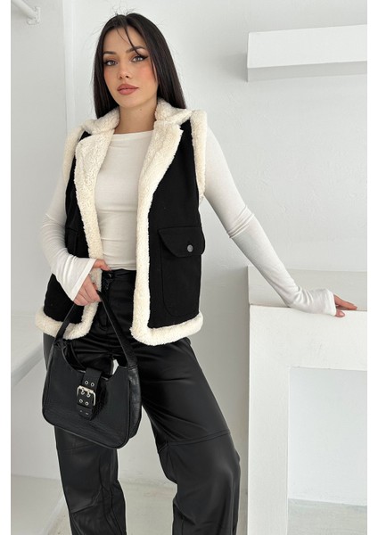 Kadın Peluş Kenarlı Cepli Yelek – Kontrastlı & Kışlık Stil