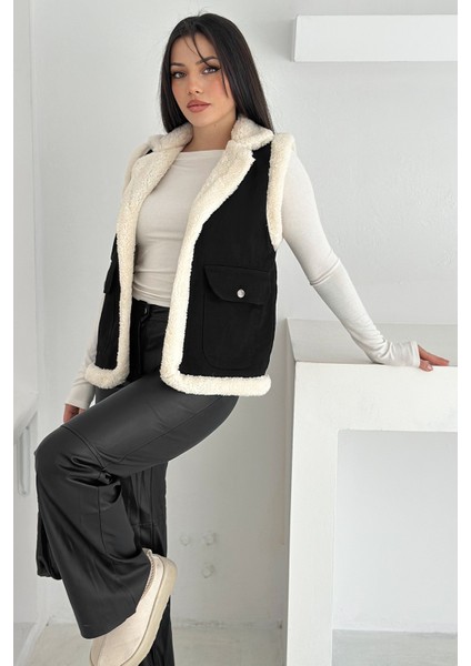 Kadın Peluş Kenarlı Cepli Yelek – Kontrastlı & Kışlık Stil