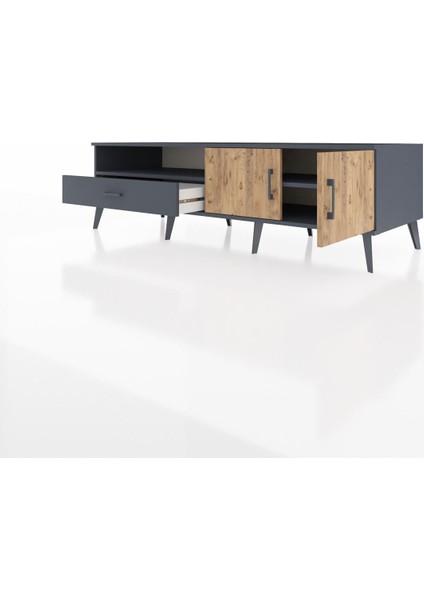 Kronos Tv Ünitesi 2 Raflı Tek Çekmeceli 2 Kapaklı 176X59X51 Antrasit-Çam/antrasit