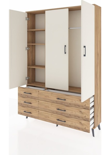 Arges Dolap 5 Raflı 6 Çekmeceli Tek Askılı 132X30X195 Çam-Aytaşı/çam modelleri