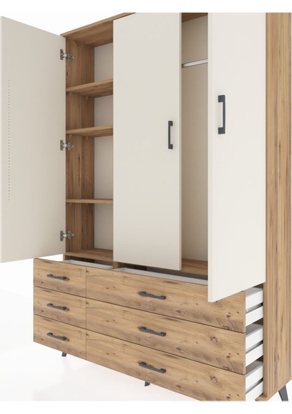 Arges Dolap 5 Raflı 6 Çekmeceli Tek Askılı 132X30X195 Çam-Aytaşı/çam fırsatları