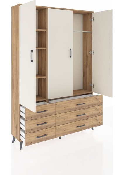 Arges Dolap 5 Raflı 6 Çekmeceli Tek Askılı 132X30X195 Çam-Aytaşı/çam indirimleri