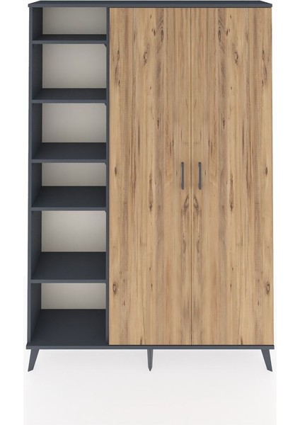 Arges Dolap 7 Raflı 2 Kapaklı Tek Askılı 132X30X195 Antrasit-Çam/antrasit