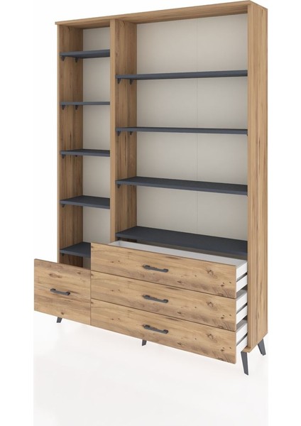 Arges Dolap 9 Raflı 4 Çekmeceli 132X30X195 Çam-Antrasit/çam modelleri