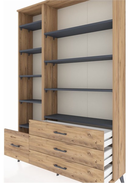 Arges Dolap 9 Raflı 4 Çekmeceli 132X30X195 Çam-Antrasit/çam fırsatları