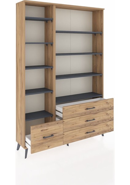 Arges Dolap 9 Raflı 4 Çekmeceli 132X30X195 Çam-Antrasit/çam indirimleri