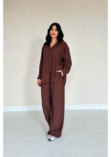 Kahverengi Alice Gömlek ve Bol Kesim Pantolon Takım modelleri
