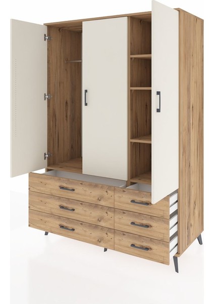 Kronos Dolap 5 Raflı 6 Çekmeceli Tek Askılı 132X59X195 Çam-Aytaşı/çam modelleri