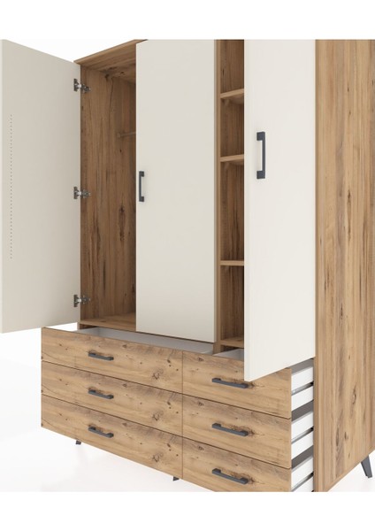 Kronos Dolap 5 Raflı 6 Çekmeceli Tek Askılı 132X59X195 Çam-Aytaşı/çam fırsatları