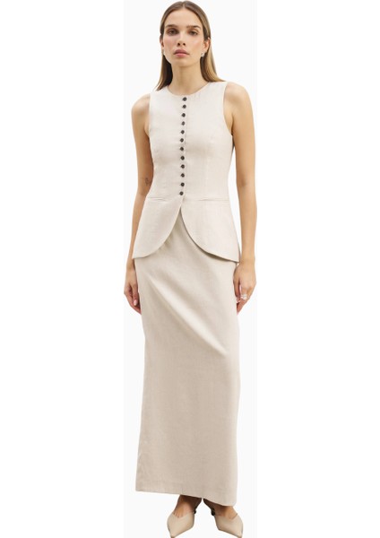 Mid Rise Linen Keten Maxi Kadın Etek