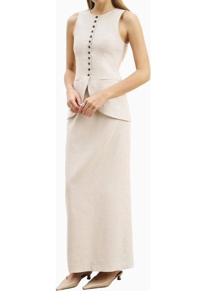 Mid Rise Linen Keten Maxi Kadın Etek modelleri