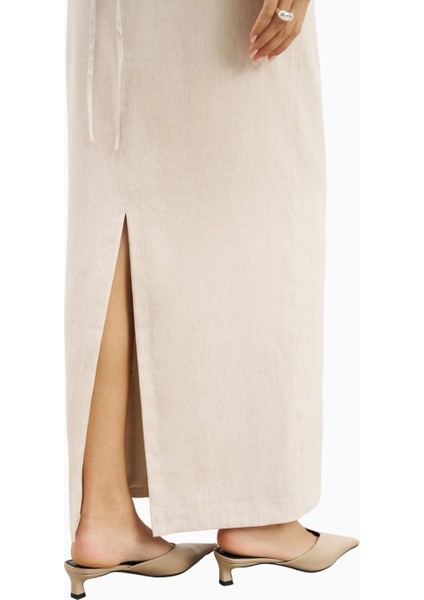 Mid Rise Linen Keten Maxi Kadın Etek