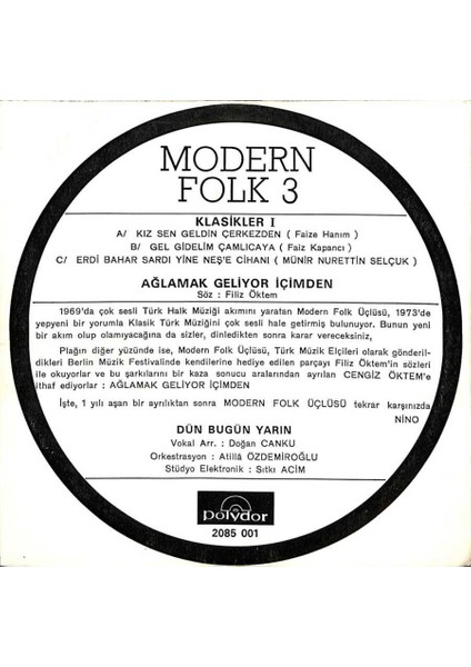 Modern Folk 3 - Ağlamak Geliyor Içimden *plak Kabı* (Dönem Baskı) PLK12269