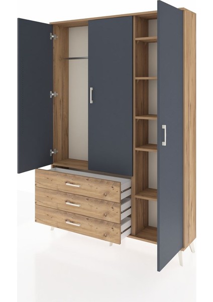 Arges Dolap 6 Raflı 3 Çekmeceli Tek Askılı 132X30X195 Çam-Antrasit/çam modelleri