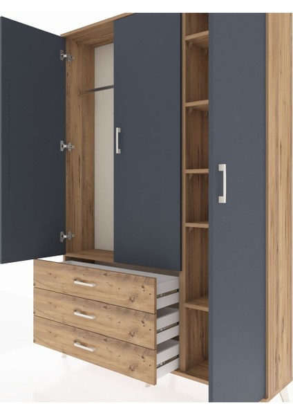 Arges Dolap 6 Raflı 3 Çekmeceli Tek Askılı 132X30X195 Çam-Antrasit/çam fırsatları