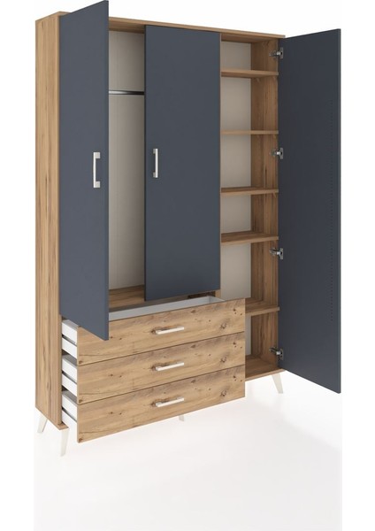 Arges Dolap 6 Raflı 3 Çekmeceli Tek Askılı 132X30X195 Çam-Antrasit/çam indirimleri